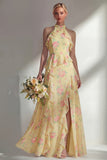 Blue Pink Flower A Line High Neck Ruffled Long Beach Bridesmaid Dress with Slit