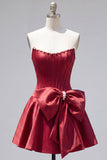 Peach Pink Corset Satin A-Line Short Homecoming Dress with Bow