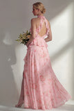 Blue Pink Flower A Line High Neck Ruffled Long Beach Bridesmaid Dress with Slit