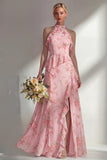 Blue Pink Flower A Line High Neck Ruffled Long Beach Bridesmaid Dress with Slit