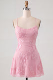 Blue A-Line Spaghetti Straps Floral Short Homecoming Dress