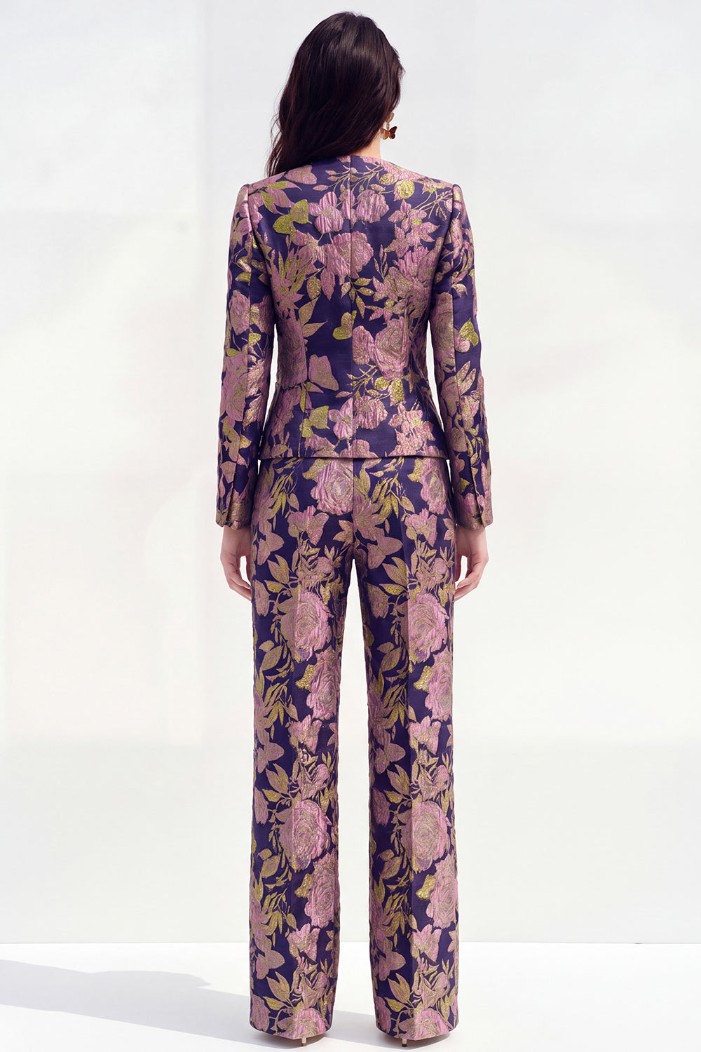 2 Piece Green Flower Round Neck Single Breasted Women Suits with Pockets