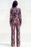 2 Piece Green Flower Round Neck Single Breasted Women Suits with Pockets
