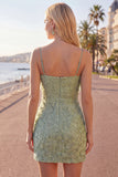 Sparkly Pink Floral Tight Short Spaghetti Straps Homecoming Dress with Pearls