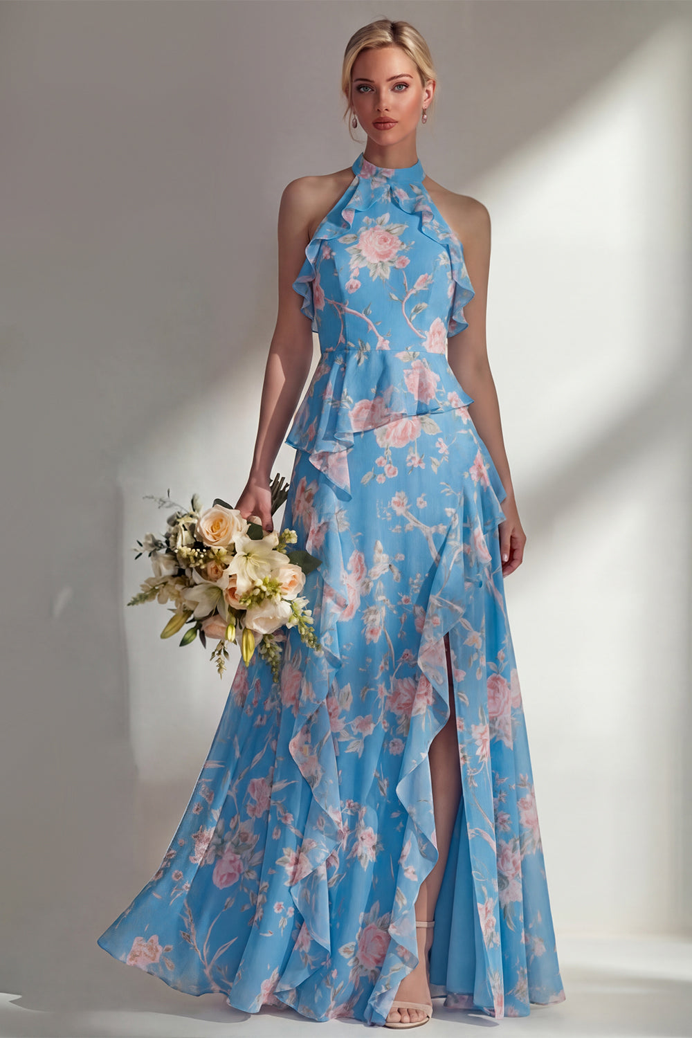 Blue Pink Flower A Line High Neck Ruffled Long Beach Bridesmaid Dress with Slit
