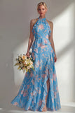 Blue Pink Flower A Line High Neck Ruffled Long Beach Bridesmaid Dress with Slit