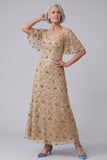 V Neck Twilight Floral A Line Long Mother of the Bride Dress