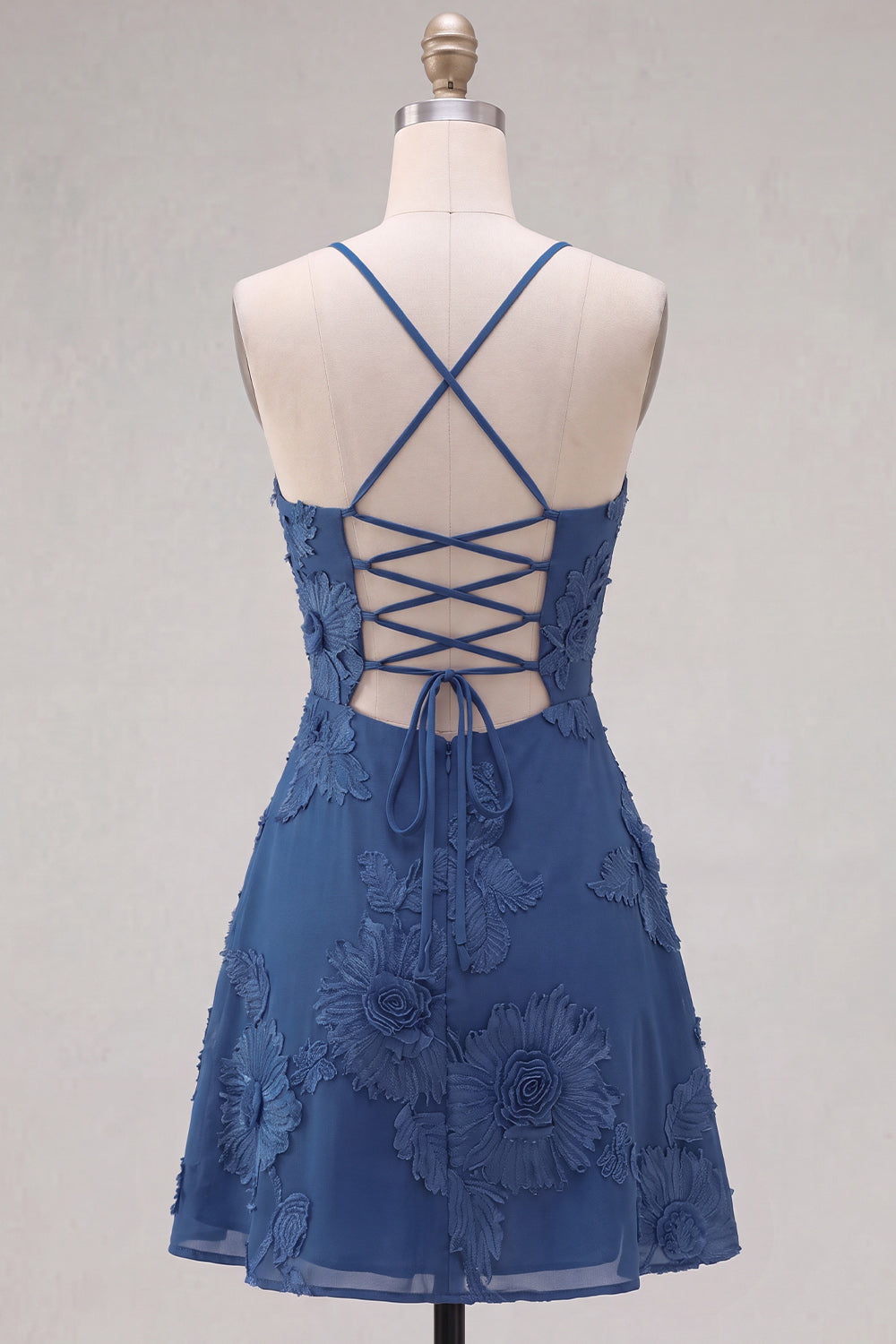 Blue A-Line Spaghetti Straps Floral Short Homecoming Dress