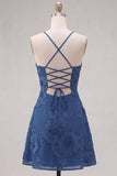 Blue A-Line Spaghetti Straps Floral Short Homecoming Dress