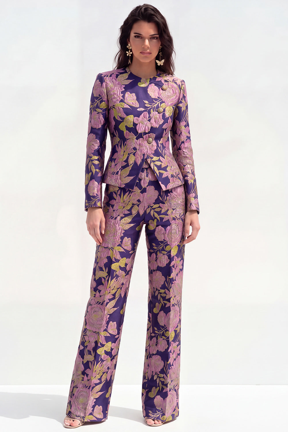 2 Piece Green Flower Round Neck Single Breasted Women Suits with Pockets