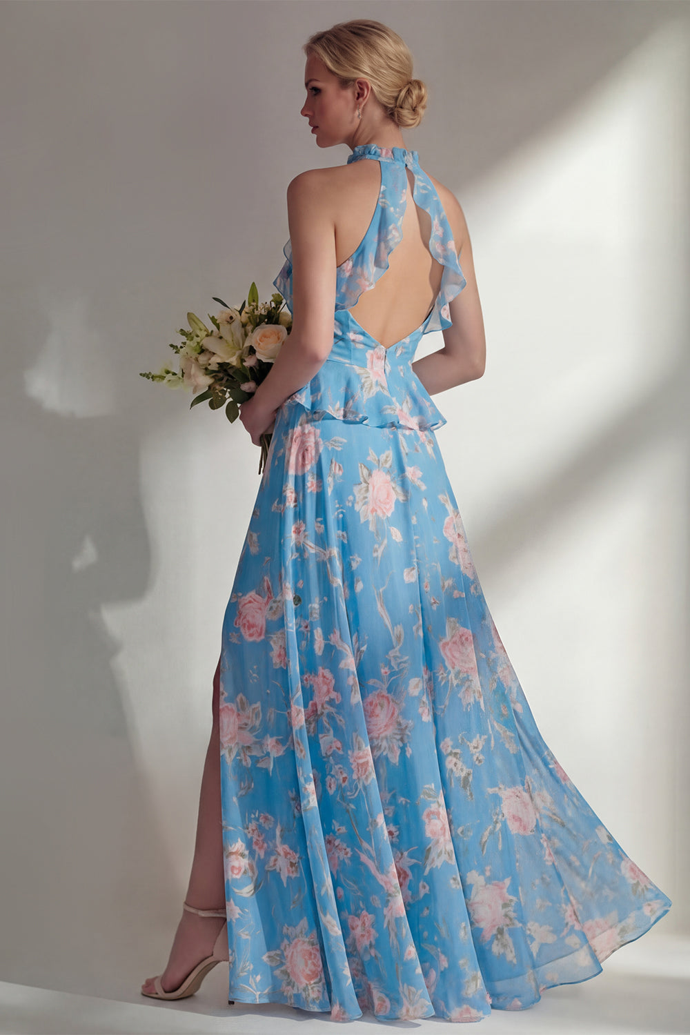 Blue Pink Flower A Line High Neck Ruffled Long Beach Bridesmaid Dress with Slit