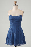 Blue A-Line Spaghetti Straps Floral Short Homecoming Dress