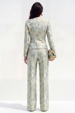 2 Piece Green Flower Round Neck Single Breasted Women Suits with Pockets