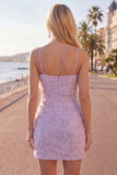 Sparkly Pink Floral Tight Short Spaghetti Straps Homecoming Dress with Pearls