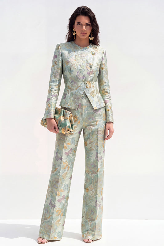 2 Piece Green Flower Round Neck Single Breasted Women Suits with Pockets
