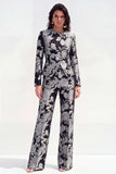 2 Piece Green Flower Round Neck Single Breasted Women Suits with Pockets
