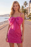 Sparkly Pink Floral Tight Short Spaghetti Straps Homecoming Dress with Pearls