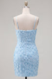 Sparkly Pink Floral Tight Short Spaghetti Straps Homecoming Dress with Pearls
