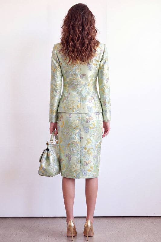 Green Flower Midi 2 Piece Peak Lapel Single Breasted Women Suits