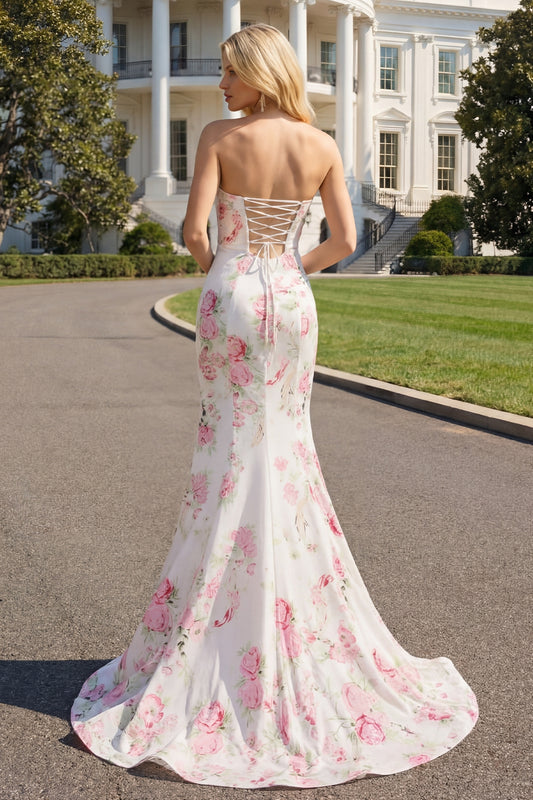 Floral White and Pink Mermaid Sweetheart Satin Long Prom Dress