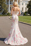 Floral White and Pink Mermaid Sweetheart Satin Long Prom Dress
