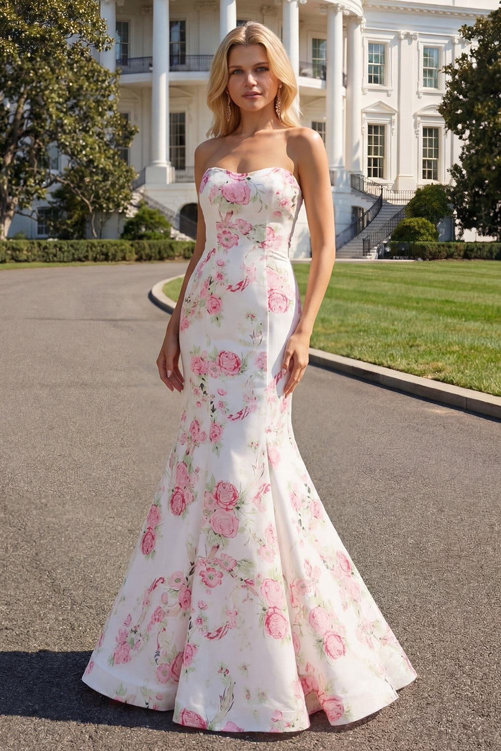 Floral White and Pink Mermaid Sweetheart Satin Long Prom Dress