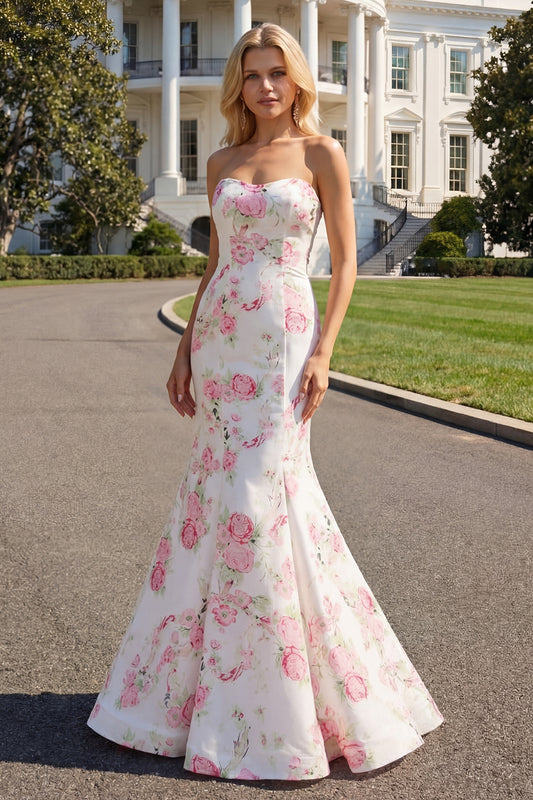 Floral White and Pink Mermaid Sweetheart Satin Long Prom Dress