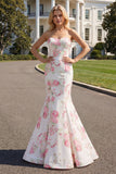 Floral White and Pink Mermaid Sweetheart Satin Long Prom Dress