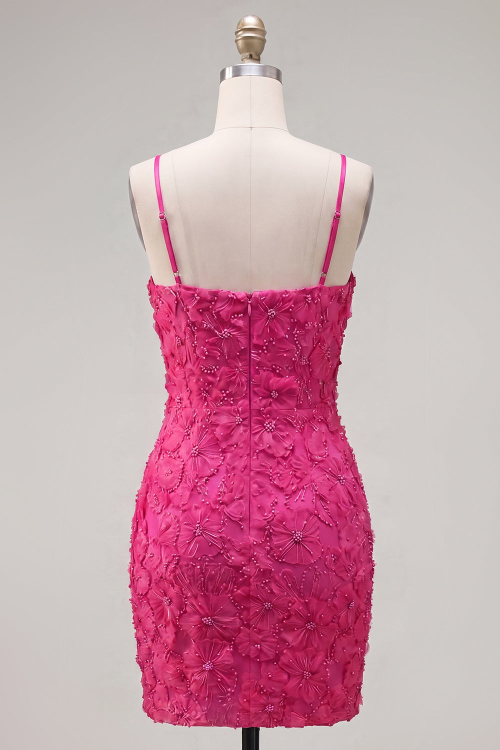 Sparkly Pink Floral Tight Short Spaghetti Straps Homecoming Dress with Pearls