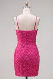 Sparkly Pink Floral Tight Short Spaghetti Straps Homecoming Dress with Pearls