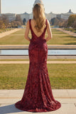 Sparkly Navy Mermaid Sequin V-Neck Long Prom Dress with Slit
