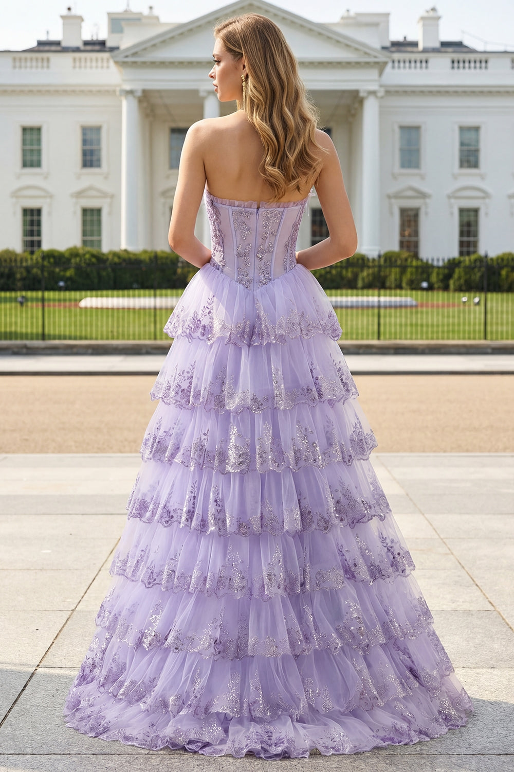 Floral Lilac Tiered Tulle Ruffled Long Corset Prom Dress with Slit