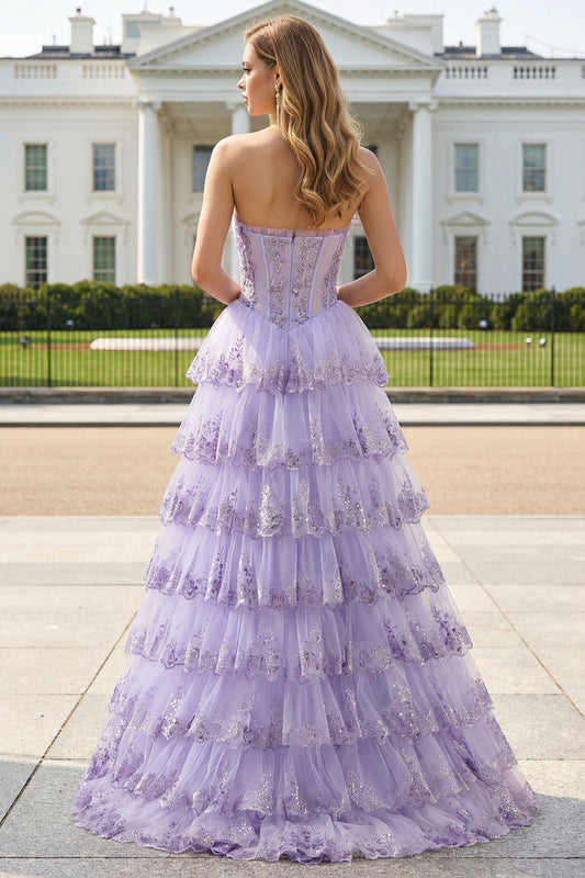 Floral Lilac Tiered Tulle Ruffled Long Corset Prom Dress with Slit