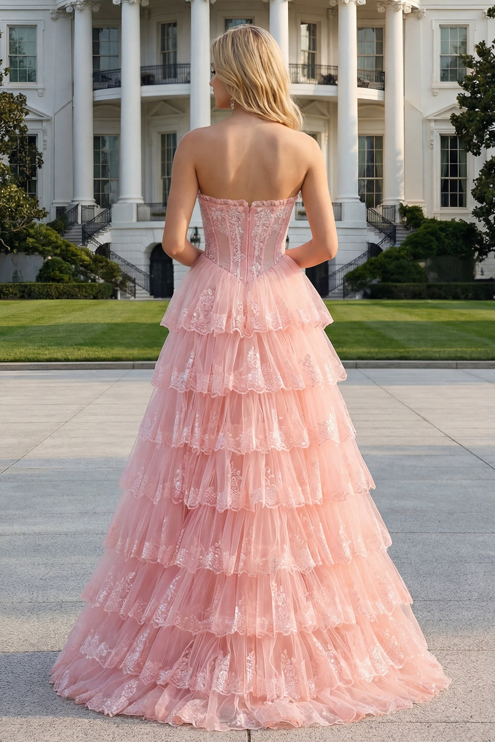 Floral Lilac Tiered Tulle Ruffled Long Corset Prom Dress with Slit