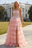 Floral Lilac Tiered Tulle Ruffled Long Corset Prom Dress with Slit