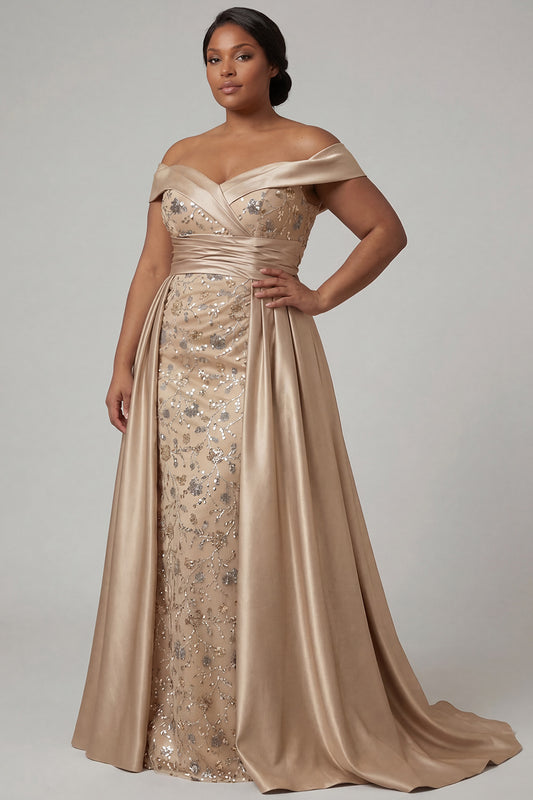 Plus Size Champagne Long Floral Mother of the Bride Dress with Cape Satin Off the Shoulder Ruched Appliqued Formal Dress