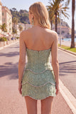 Sparkly Pink Floral Tight Short Strapless Homecoming Dress with Pearls