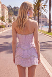 Sparkly Pink Floral Tight Short Strapless Homecoming Dress with Pearls