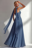 Strapless Ruched Long Butter Yellow Neck Scarf Boho Bridesmaid Dress with Slit