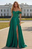 Sparkly Purple Satin Beaded A Line Long Corset Prom Dress with Slit