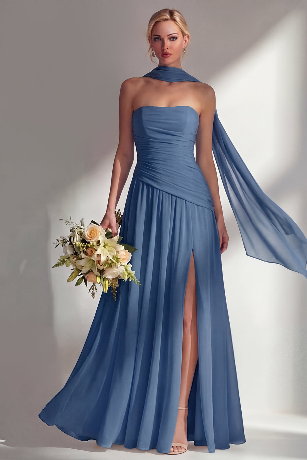 Strapless Ruched Long Butter Yellow Neck Scarf Boho Bridesmaid Dress with Slit