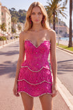 Sparkly Pink Floral Tight Short Strapless Homecoming Dress with Pearls