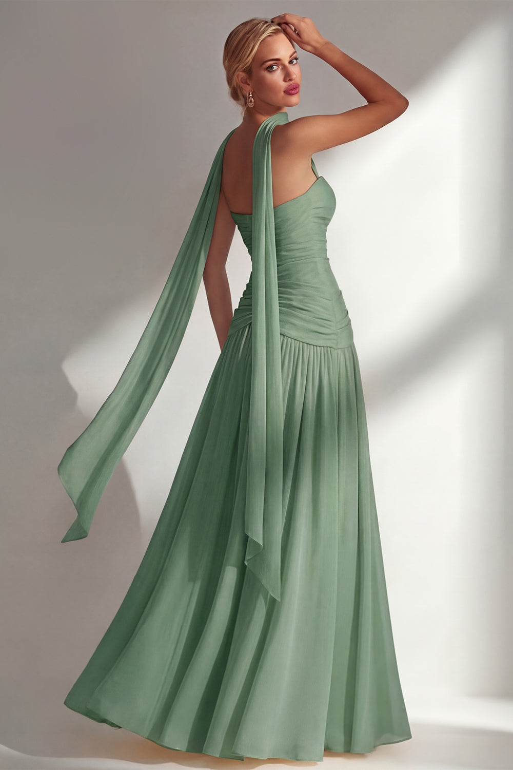 Strapless Ruched Long Butter Yellow Neck Scarf Boho Bridesmaid Dress with Slit