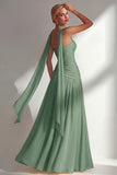 Strapless Ruched Long Butter Yellow Neck Scarf Boho Bridesmaid Dress with Slit