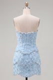 Sparkly Pink Floral Tight Short Strapless Homecoming Dress with Pearls