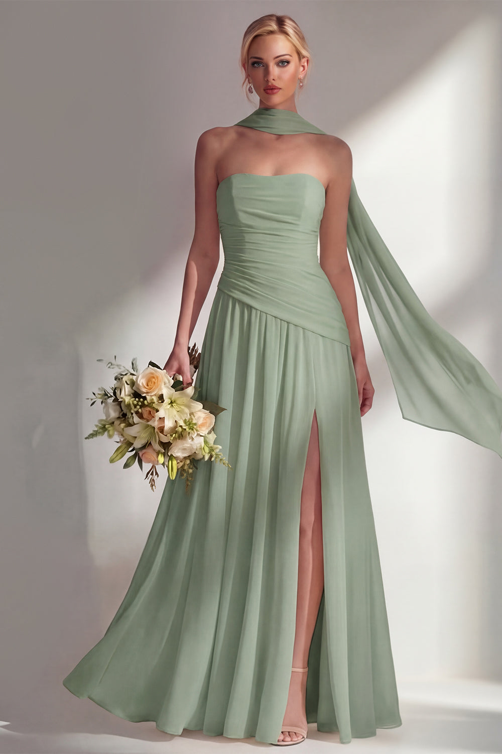 Strapless Ruched Long Butter Yellow Neck Scarf Boho Bridesmaid Dress with Slit