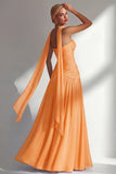Strapless Ruched Long Butter Yellow Neck Scarf Boho Bridesmaid Dress with Slit