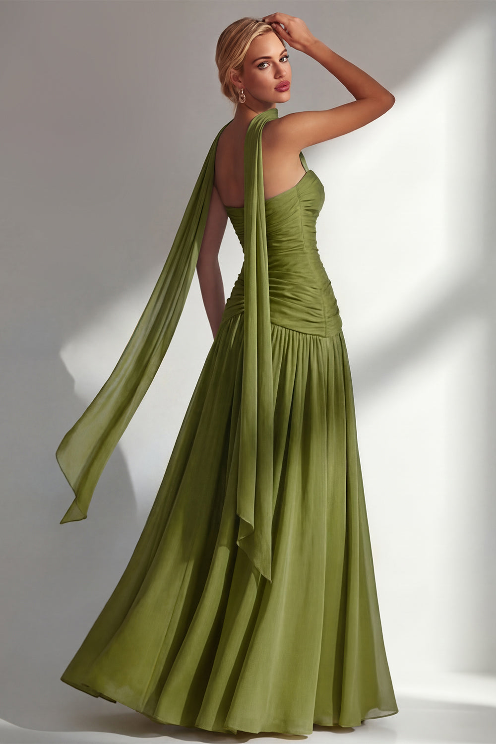 Strapless Ruched Long Butter Yellow Neck Scarf Boho Bridesmaid Dress with Slit