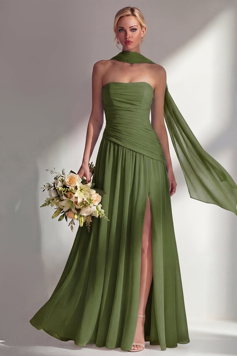 Strapless Ruched Long Butter Yellow Neck Scarf Boho Bridesmaid Dress with Slit
