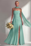 Strapless Ruched Long Butter Yellow Neck Scarf Boho Bridesmaid Dress with Slit